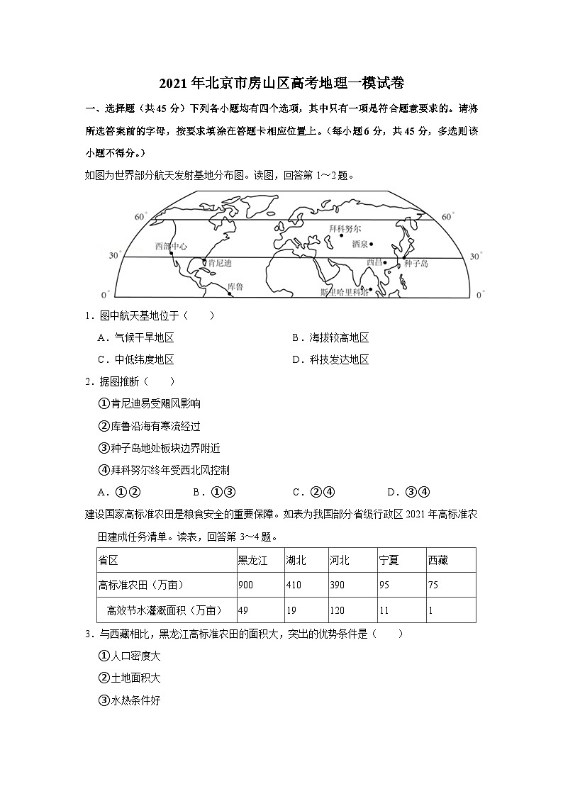 2021年北京市房山区高考地理一模试卷01