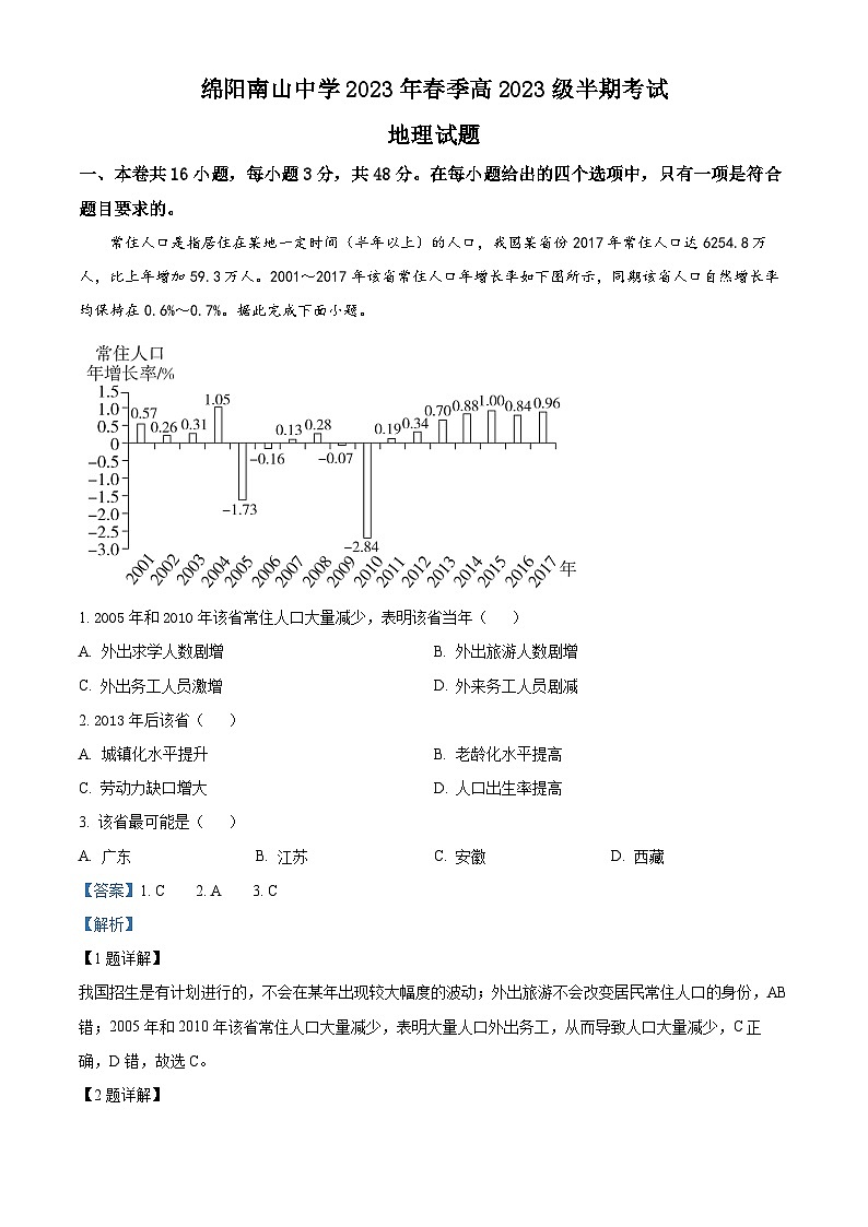 四川省绵阳南山中学2022-2023学年高一地理下学期期中试题(Word版附解析)01