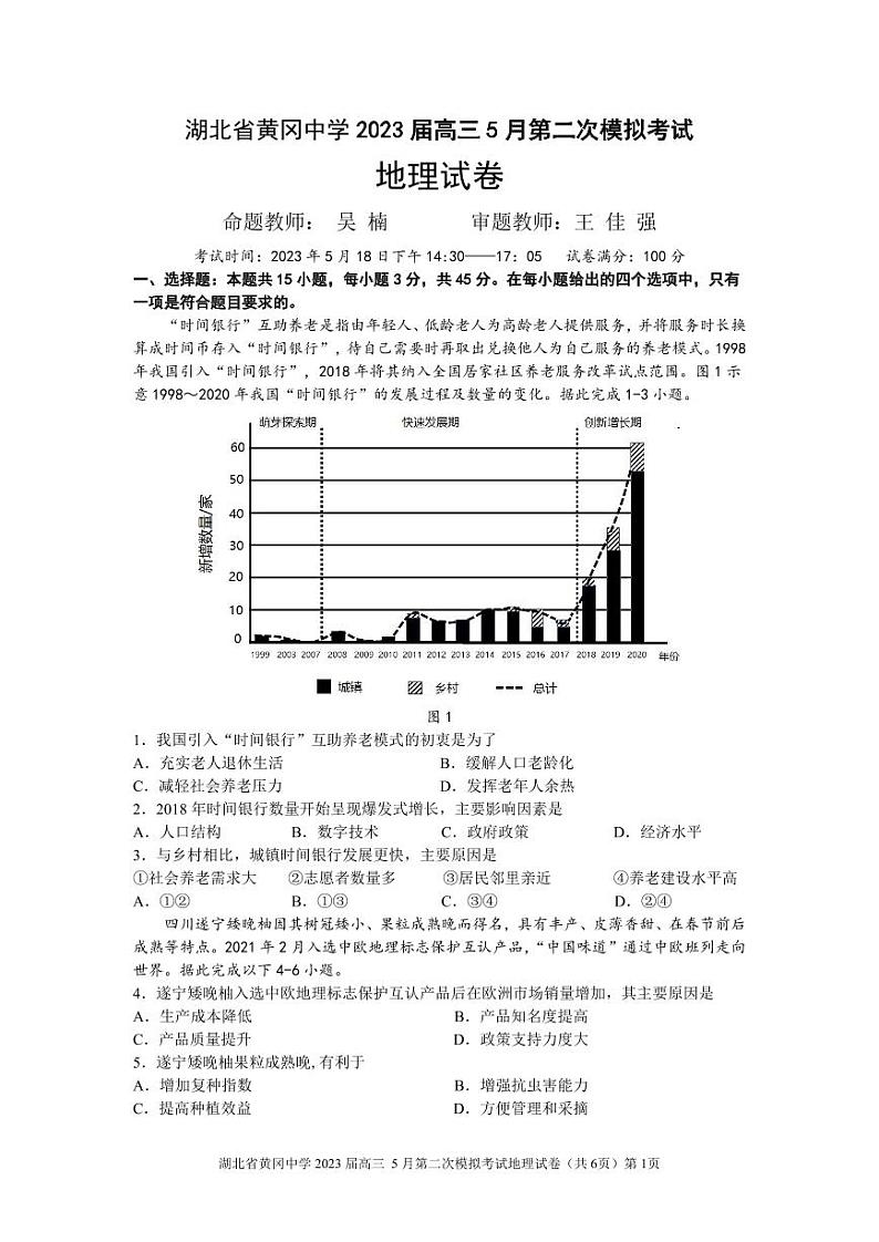 湖北省黄冈中学2023届高三5月第二次模拟考试 地理01