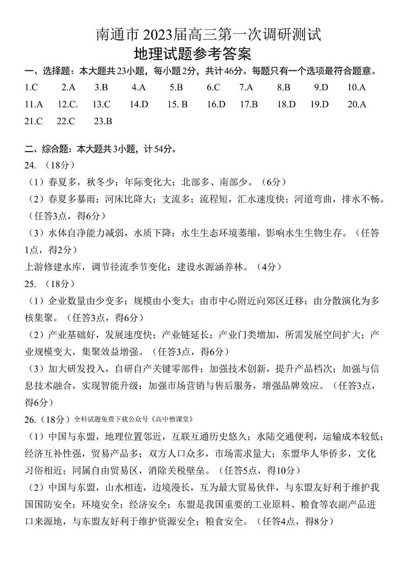 2023届江苏省南通市高三下学期2月第一次调研测试(一模) 地理(PDF版)01