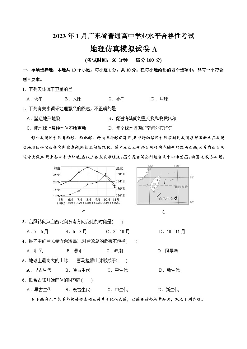 2023年1月广东省普通高中学业水平合格性考试地理模拟卷(一)01