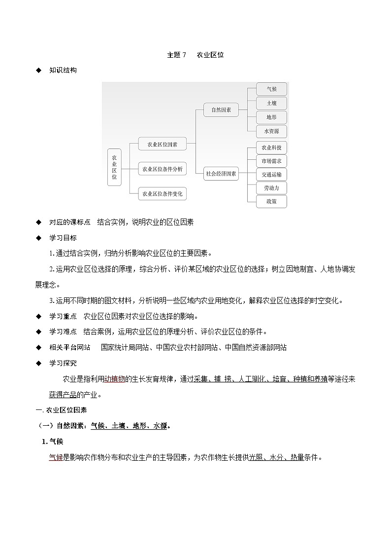 主题07 农业区位(答案版)——【期末复习】高中地理全册单元知识点梳理(中图中华地图版必修第二册)第1页