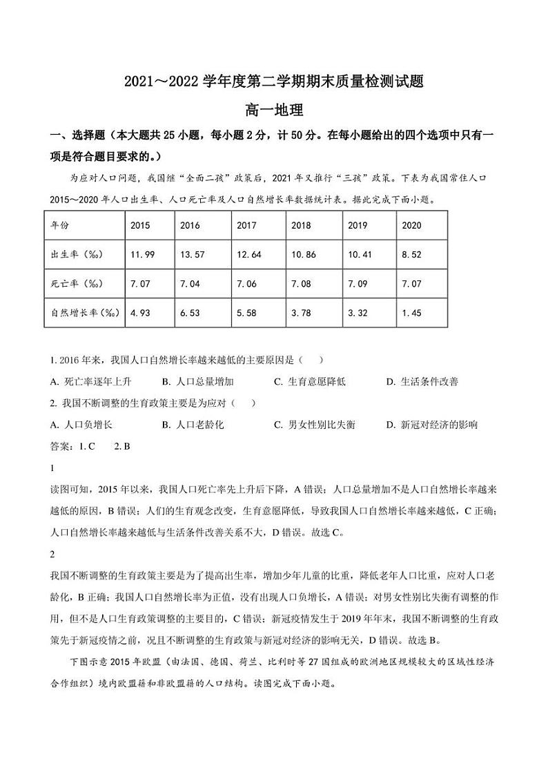 陕西省渭南市白水县部分学校2021-2022学年高一下学期期末质量检测地理试卷(含解析)第1页