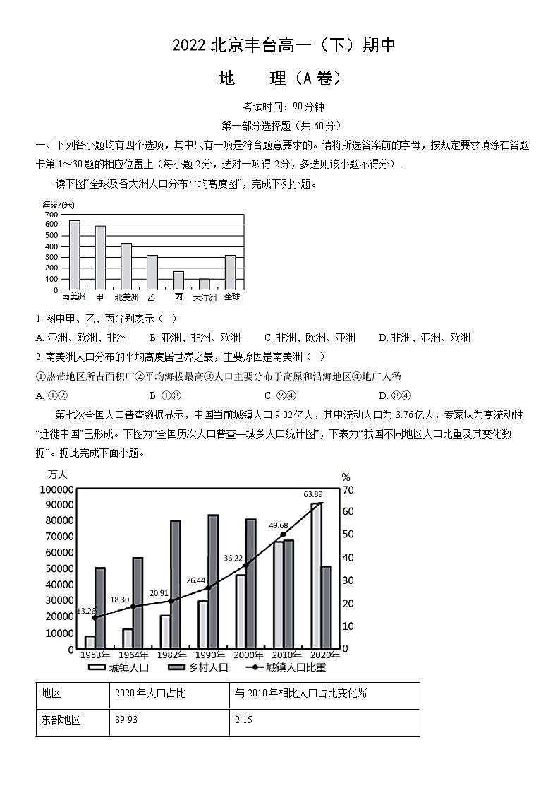 2022北京丰台高一(下)期中地理(A卷)(教师版)第1页