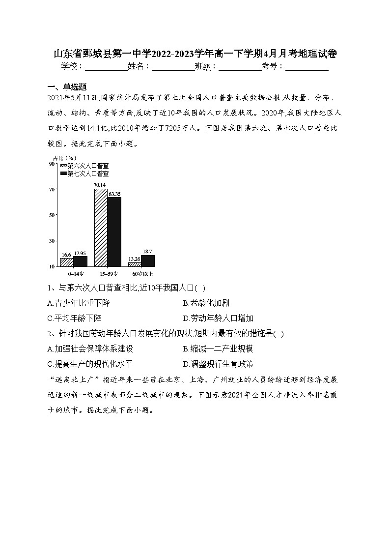 山东省鄄城县第一中学2022-2023学年高一下学期4月月考地理试卷(含答案)第1页
