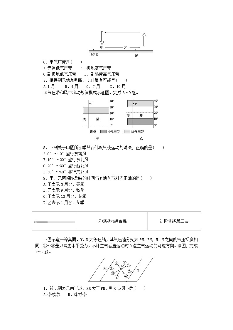 2023版新教材高中地理第三章大气的运动第一节气压带风带的形成与移动课时1气压带风带的形成与移动一课时作业湘教版选择性必修102