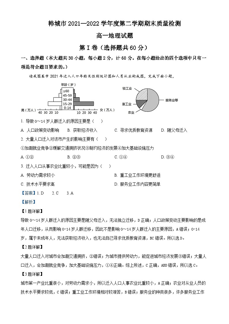 陕西省渭南市韩城市2021-2022学年高一下学期期末地理试题含解析第1页