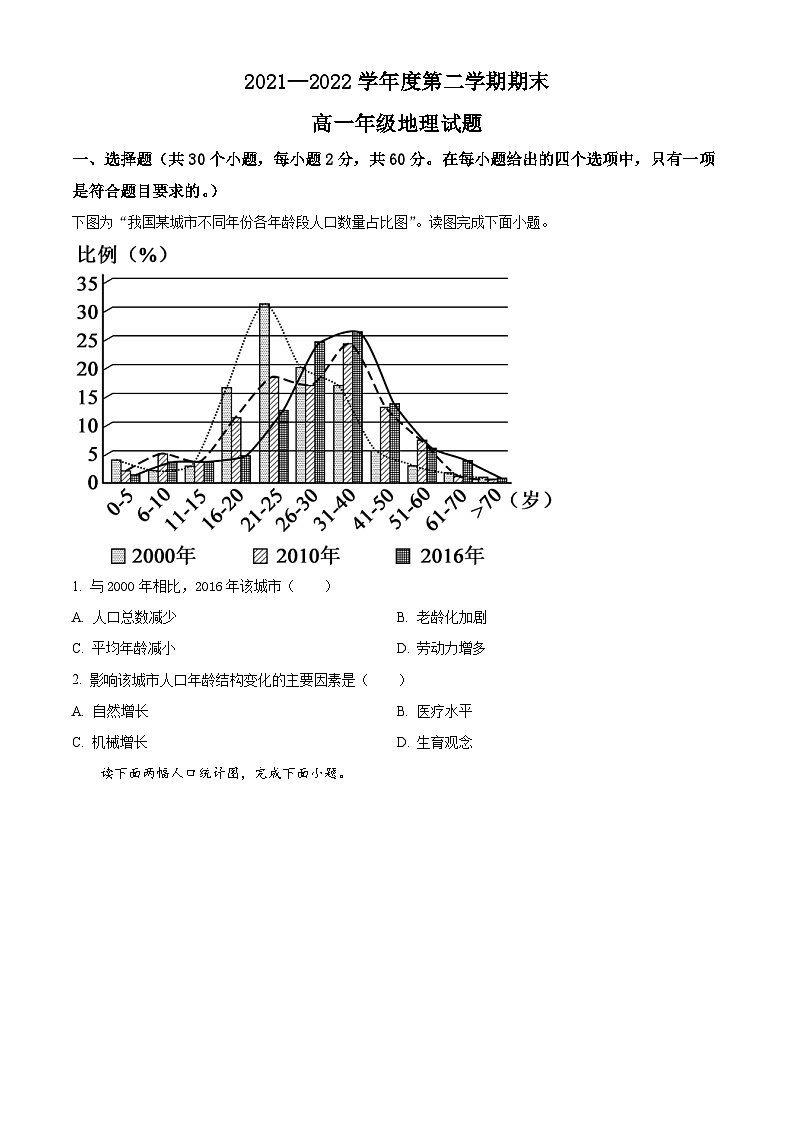 2022延安一中高一下学期期末考试地理试题含解析01