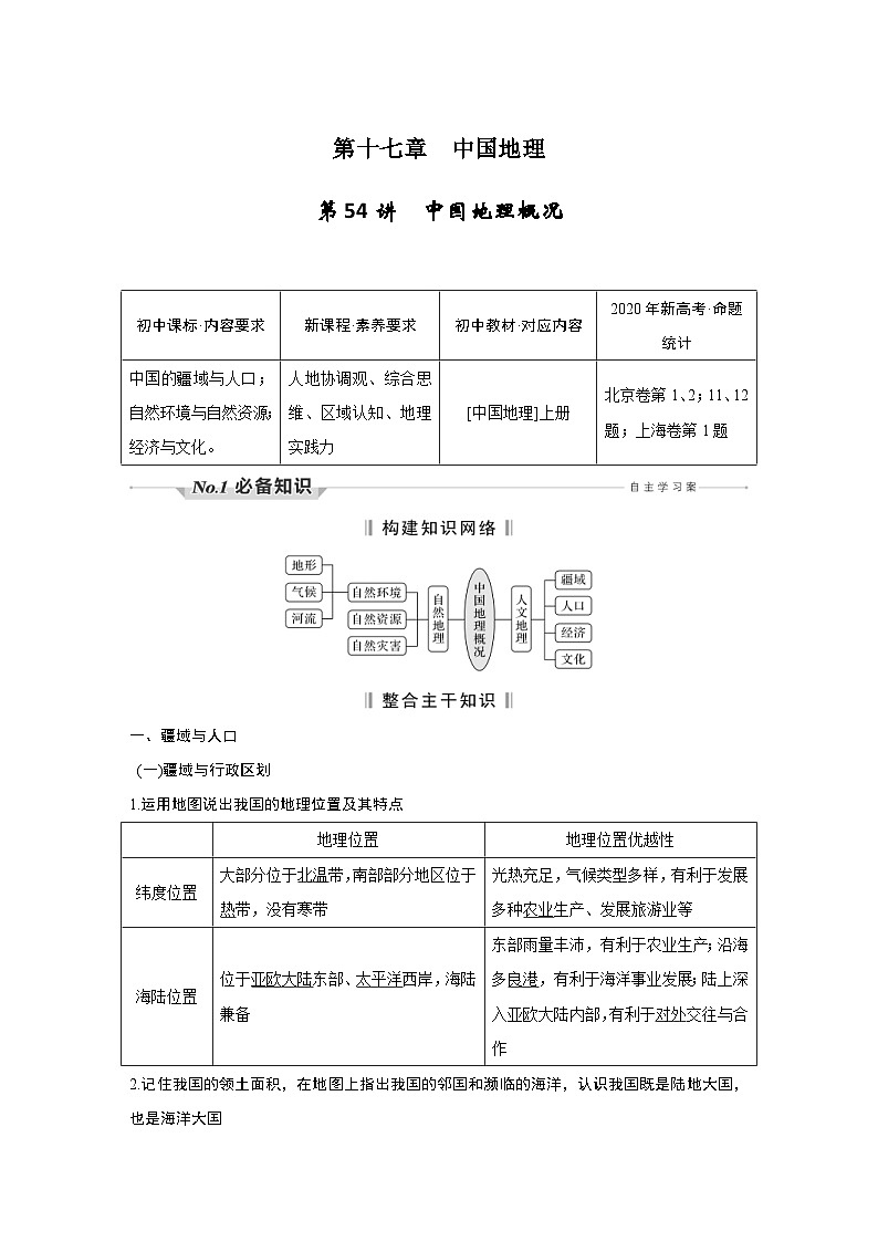 (新高考)高考地理一轮复习精品讲与练第54讲 中国地理概况 (含详解)01