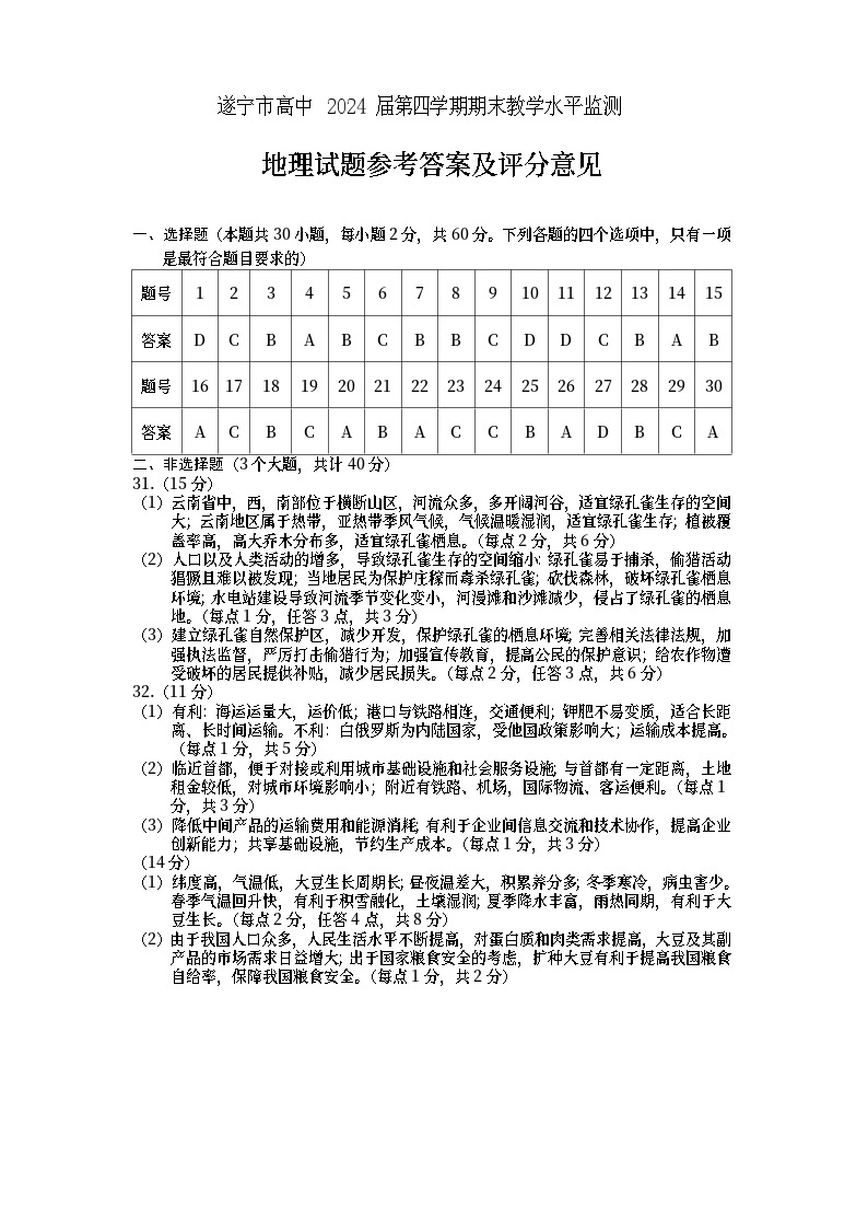 四川省遂宁市2022-2023学年高二下学期期末监测地理试题01