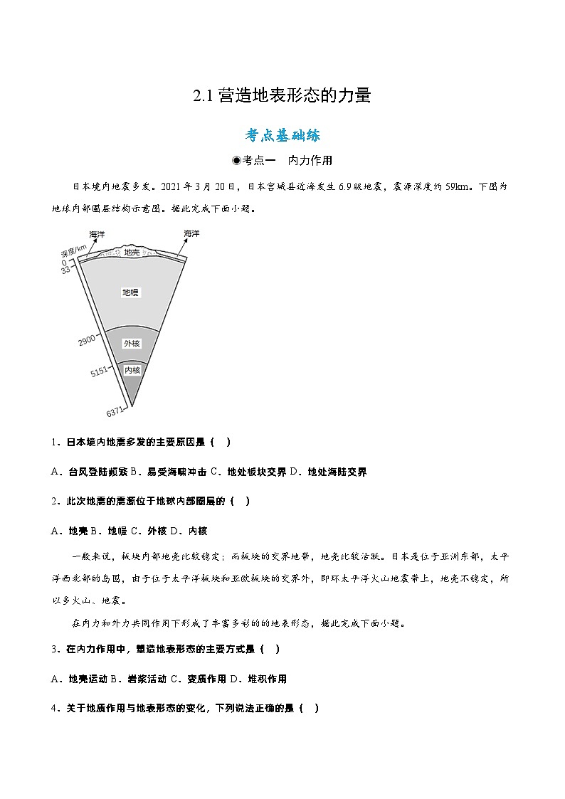 2.1 塑造地表形态的力量( 分层作业) - 2022-2023学年高二地理选择性必修1同步备课系列(人教版2019)01