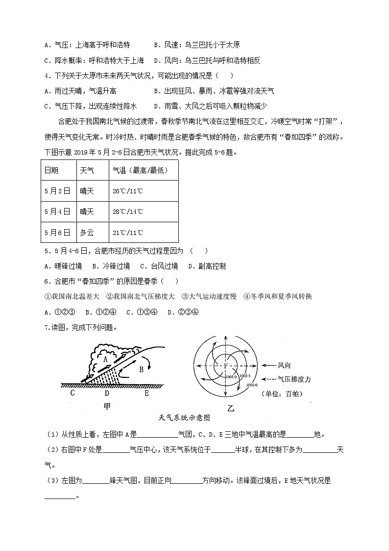 人教版高中地理选修一 3.1《常见天气系统》练习 49726第2页