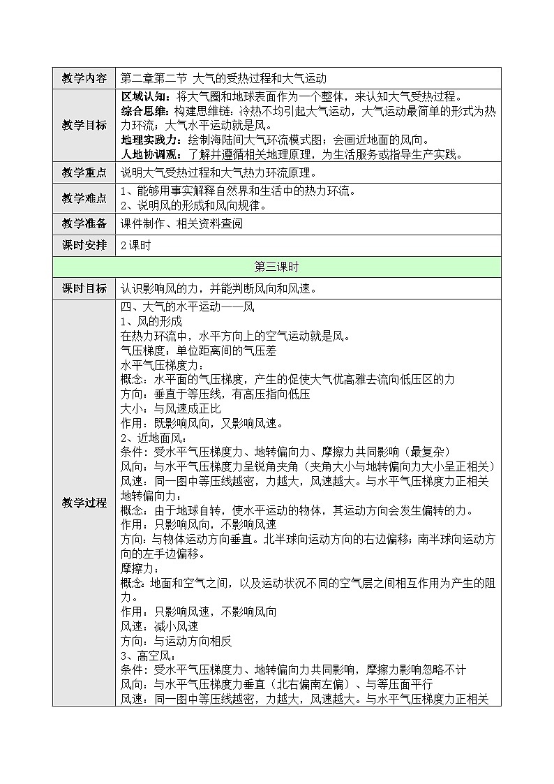 新人教版高中地理必修一 2.2.3《大气的受热过程和大气运动》教案01