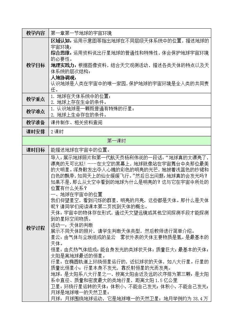 新人教版高中地理必修一 1.1.1《地球的宇宙环境》课件+教案01