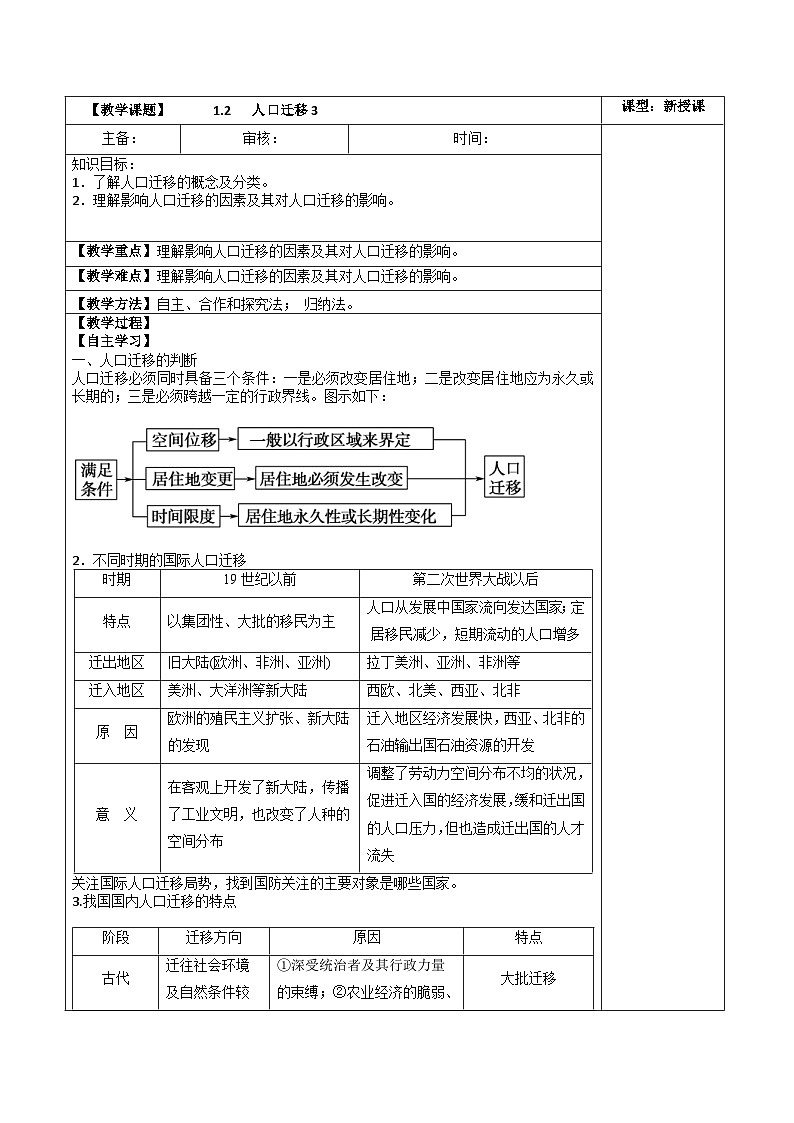 高中地理 (人教版2019)必修第二册 1.2 人口迁移(3课时)(表格式教案)01
