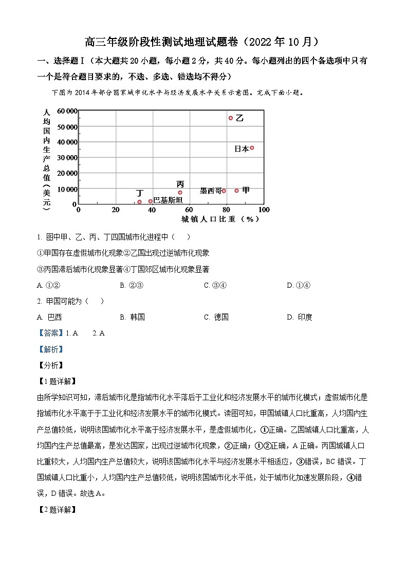 浙江省桐乡市高级中学2022-2023学年高三地理上学期10月阶段测试试题(Word版附解析)第1页