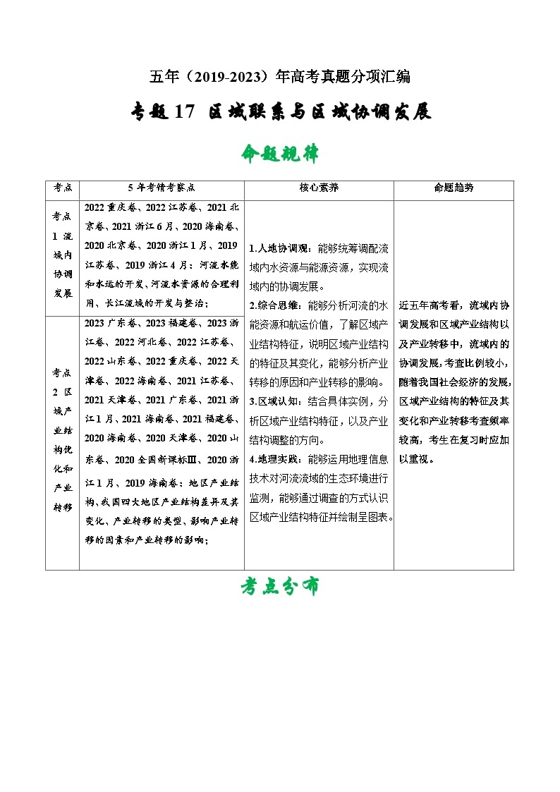 高考地理真题分项汇编（全国通用）五年（2019-2023）专题17 区域联系与区域协调发展01