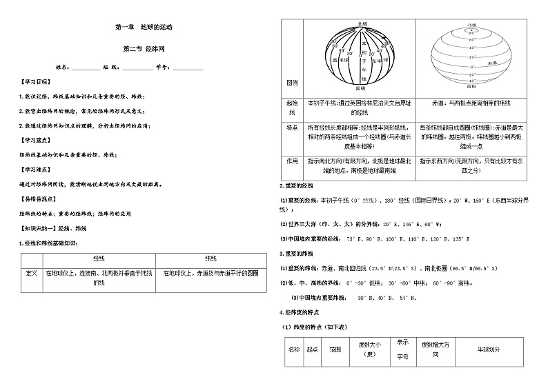 第一章 地球的运动 补充内容:经纬网(学案)(学生版)第1页