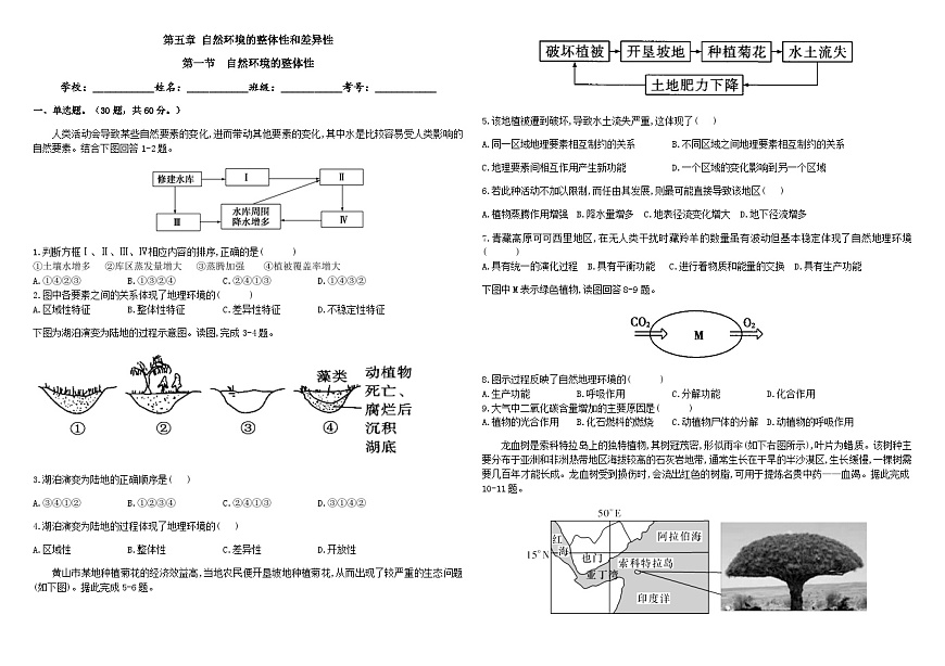第五章  自然環(huán)境的整體性和差異性  第一節(jié)  自然環(huán)境的整體性作業(yè)案（學生版）第1頁