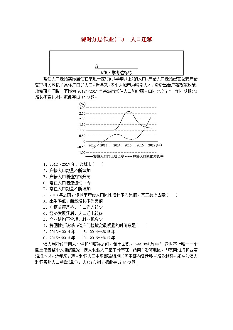 新教材2023版高中地理课时分层作业二人口迁移新人教版必修第二册第1页