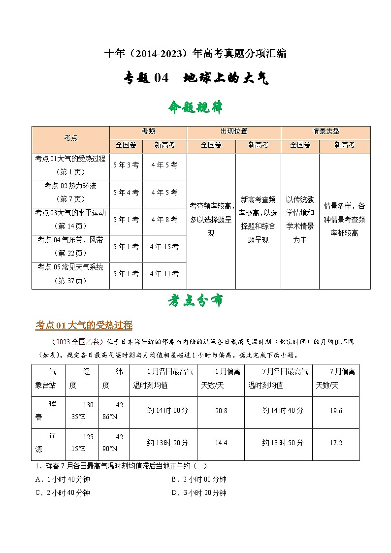 十年(14-23)高考地理真题分项汇编专题04 地球上的大气(原卷版)第1页