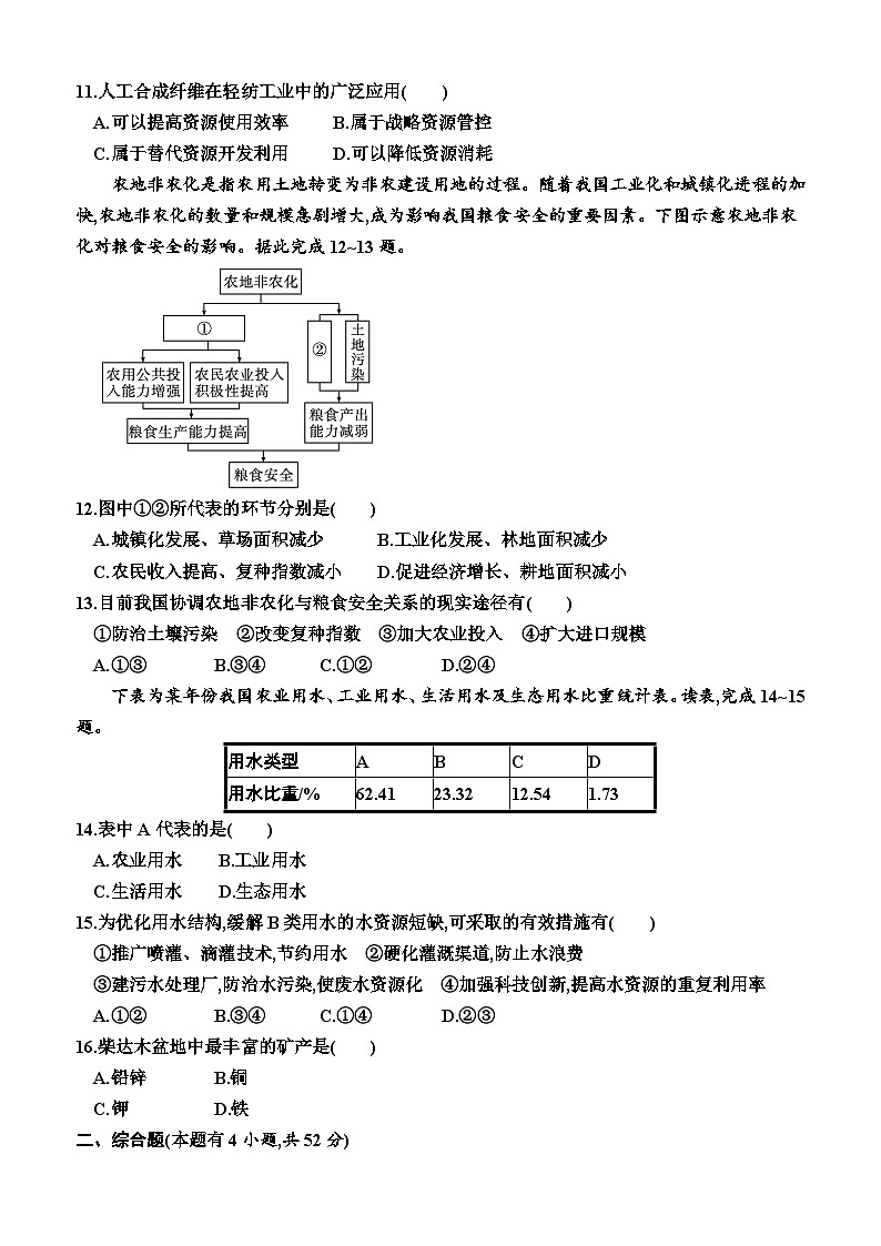 湘教版2019 高中地理 選修3 第二章  自然資源與國家安全（綜合測試卷）（附答案）第3頁