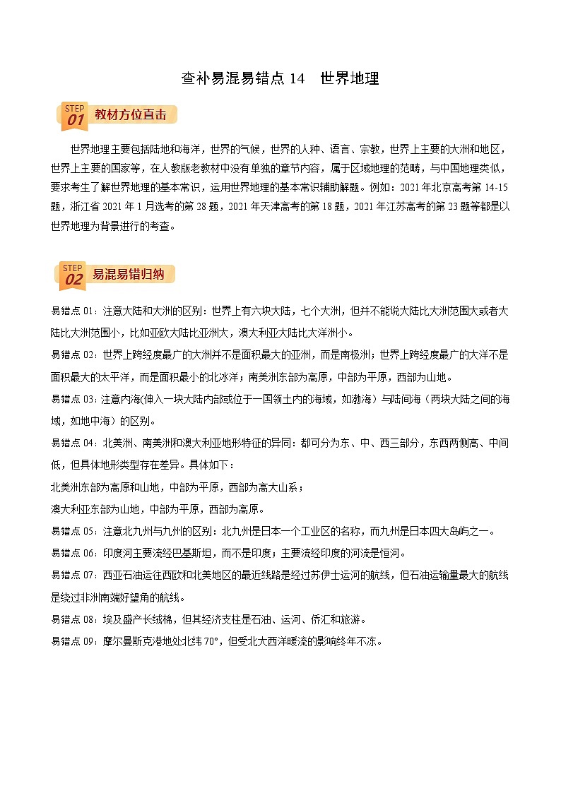 专题14 世界地理-【查漏补缺】2022年高考地理三轮冲刺过关(全国通用)(原卷版)01