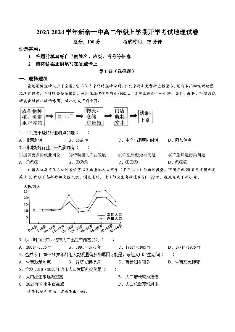 江西省新余市第一中学2023-2024学年高二上学期开学考试地理试题第1页