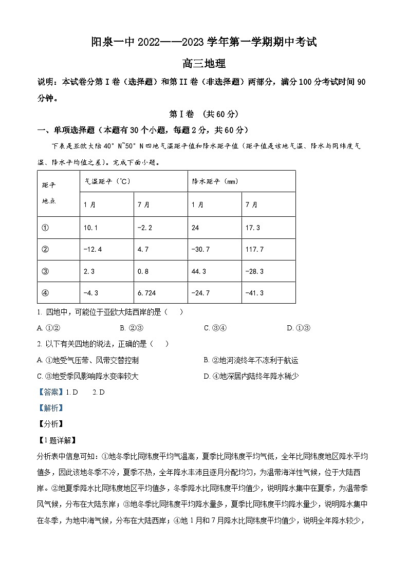 山西省阳泉市第一中学校2022-2023学年高三上学期期中地理试题含解析第1页
