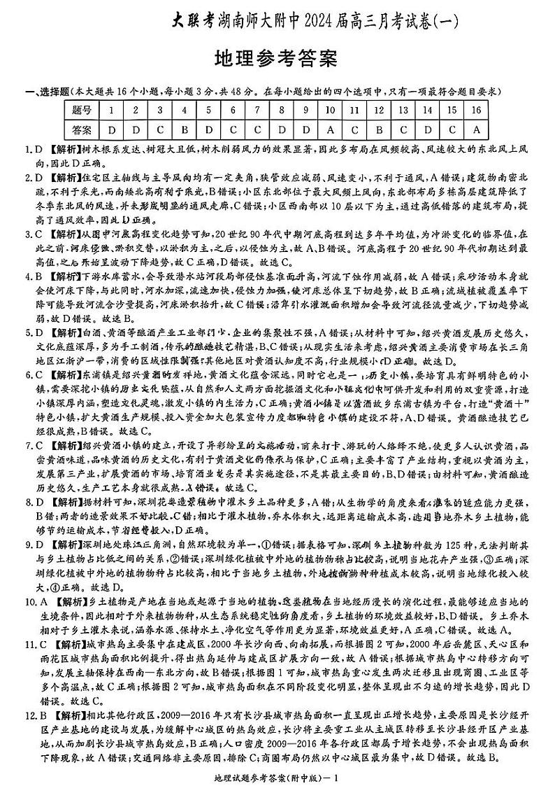 湖南师范大学附属中学2023-2024学年高三上学期月考卷(一)地理答案和解析第1页