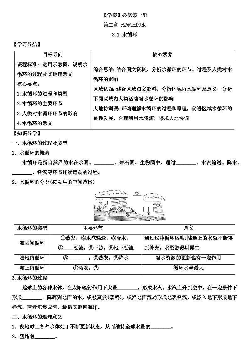 3.1 水循環(huán)學案 高中地理人教版（2019）必修一第1頁
