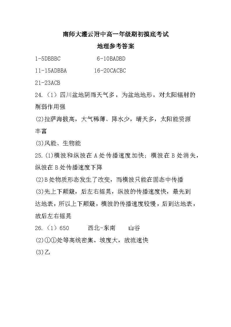 南师大灌云附中高一年级期初摸底考试地理参考答案第1页