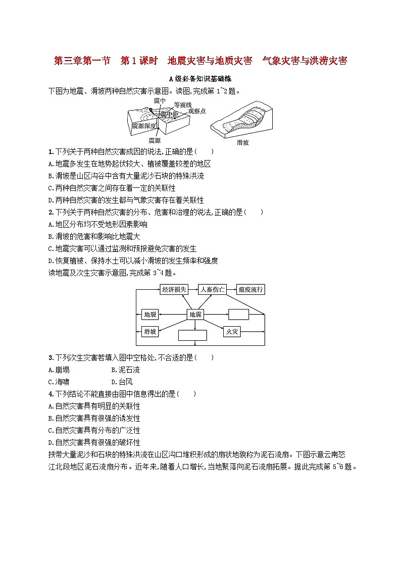 新教材2023_2024學(xué)年高中地理第3章常見自然災(zāi)害的成因與避防第1節(jié)常見自然災(zāi)害及其成因第1課時(shí)地震災(zāi)害與地質(zhì)災(zāi)害氣象災(zāi)害與洪澇災(zāi)害分層作業(yè)中圖版必修第一冊(cè)第1頁