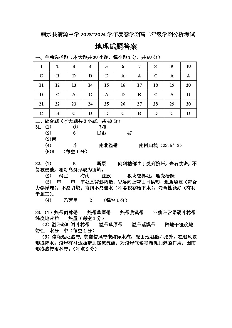 清源 答案高二地理第1页