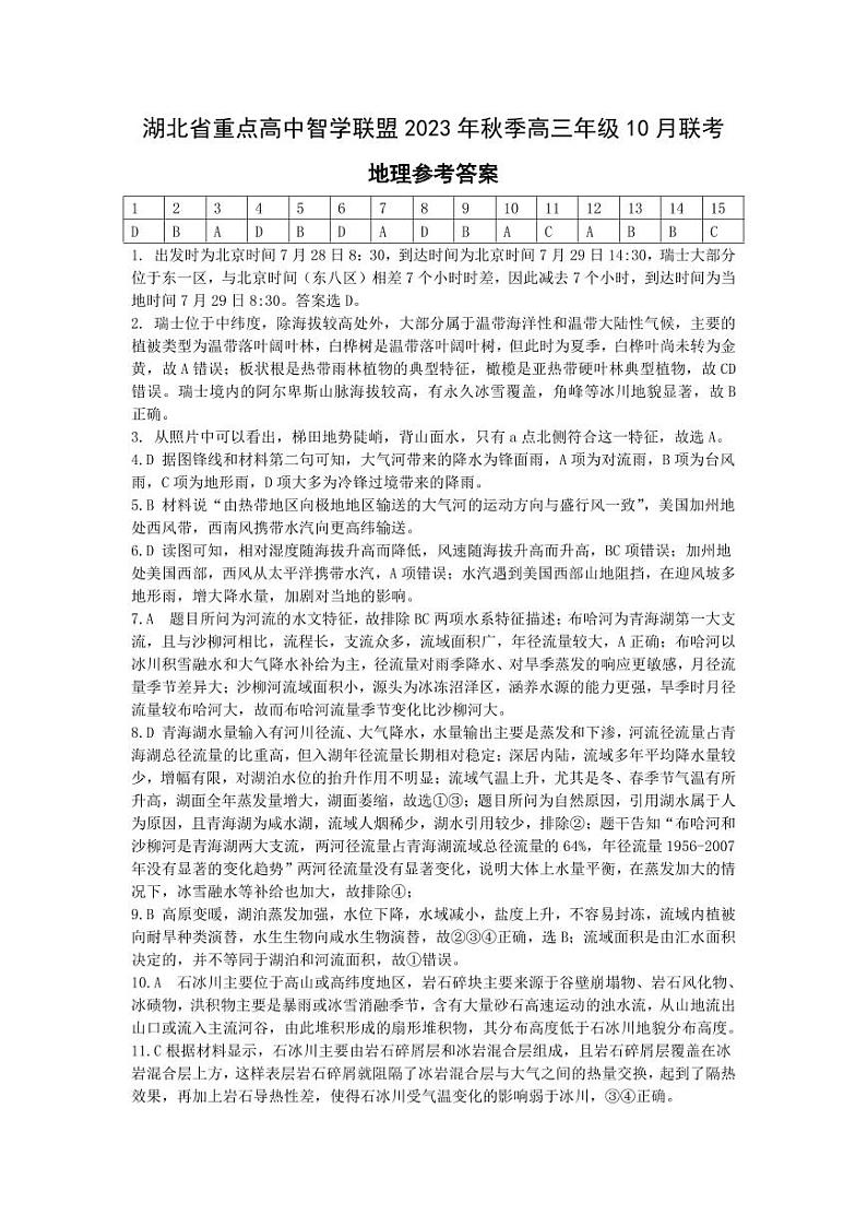 2024湖北省重点高中智学联盟高三上学期10月联考地理试题含答案01