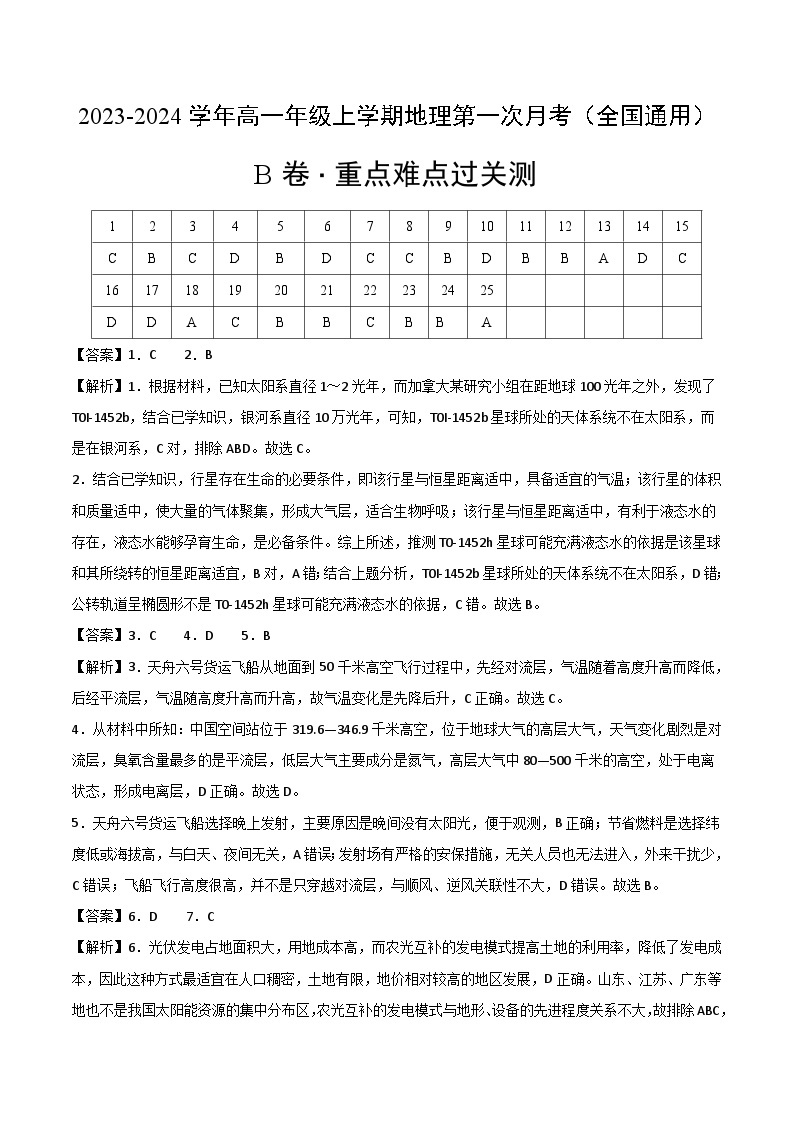 （人教版2019）2023-2024学年高一地理上学期 第一次月考B卷.zip01