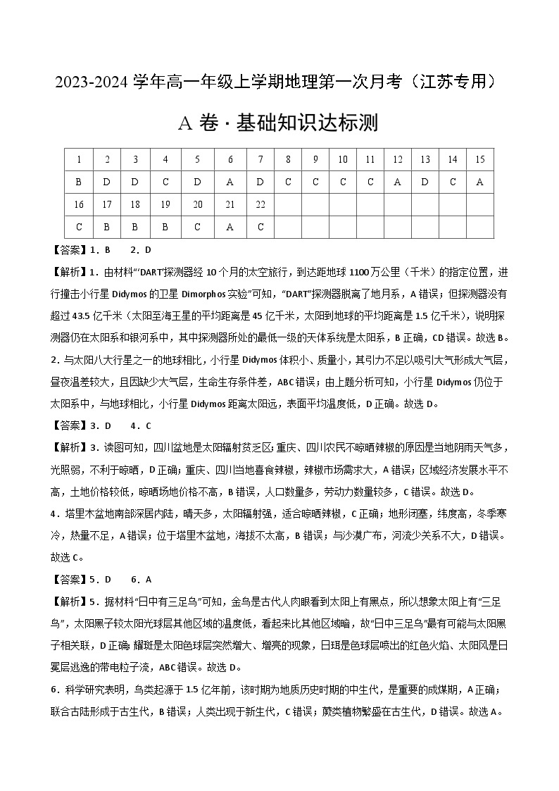 （鲁教版 江苏专用）2023-2024学年高一地理上学期 第一次月考卷.zip01