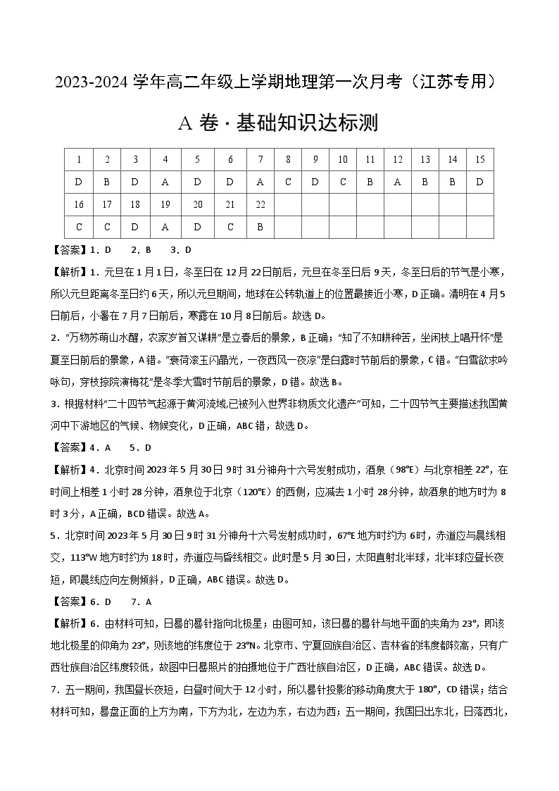 （人教版2019 江苏专用）2023-2024学年高二地理上学期 第一次月考试卷.zip01