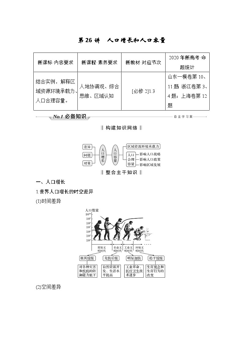 新高考地理一轮复习精品学案第26讲 人口增长和人口容量(含解析)01