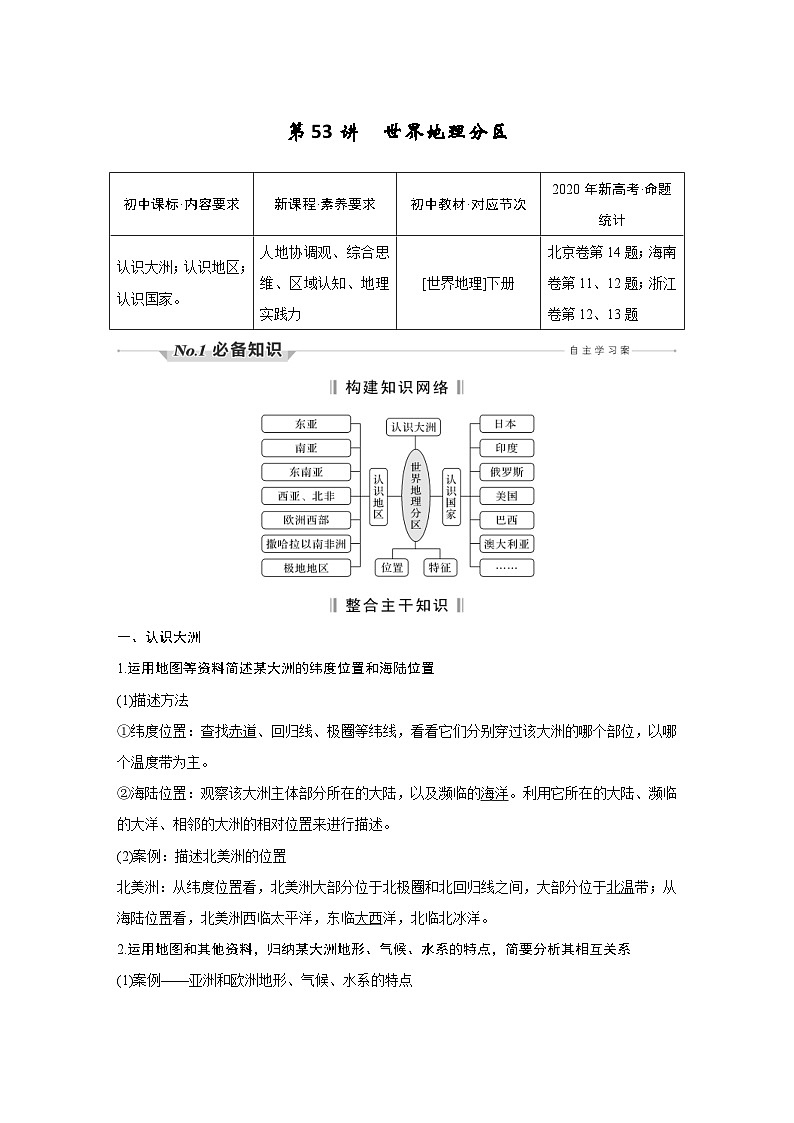 新高考地理一轮复习精品学案第53讲 世界地理分区(含解析)第1页