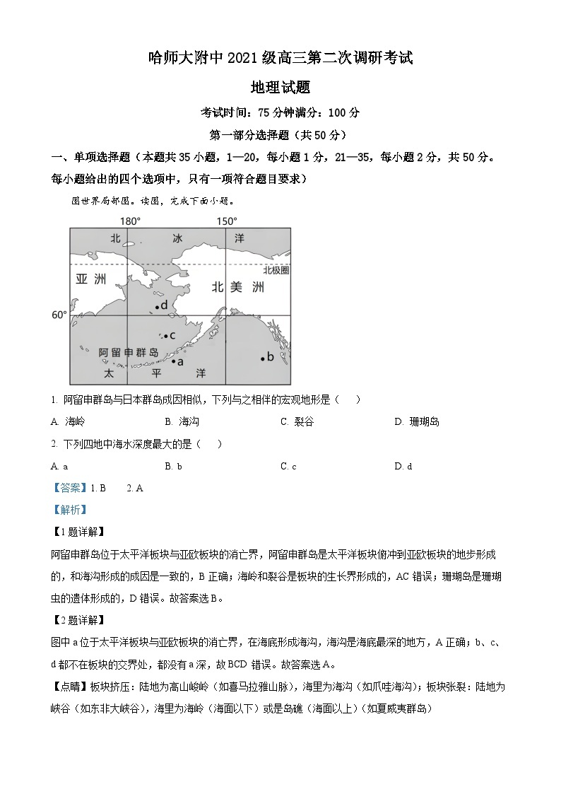 黑龙江省哈尔滨师范大学附属中学2023-2024学年高三上学期第二次调研考试地理试题01