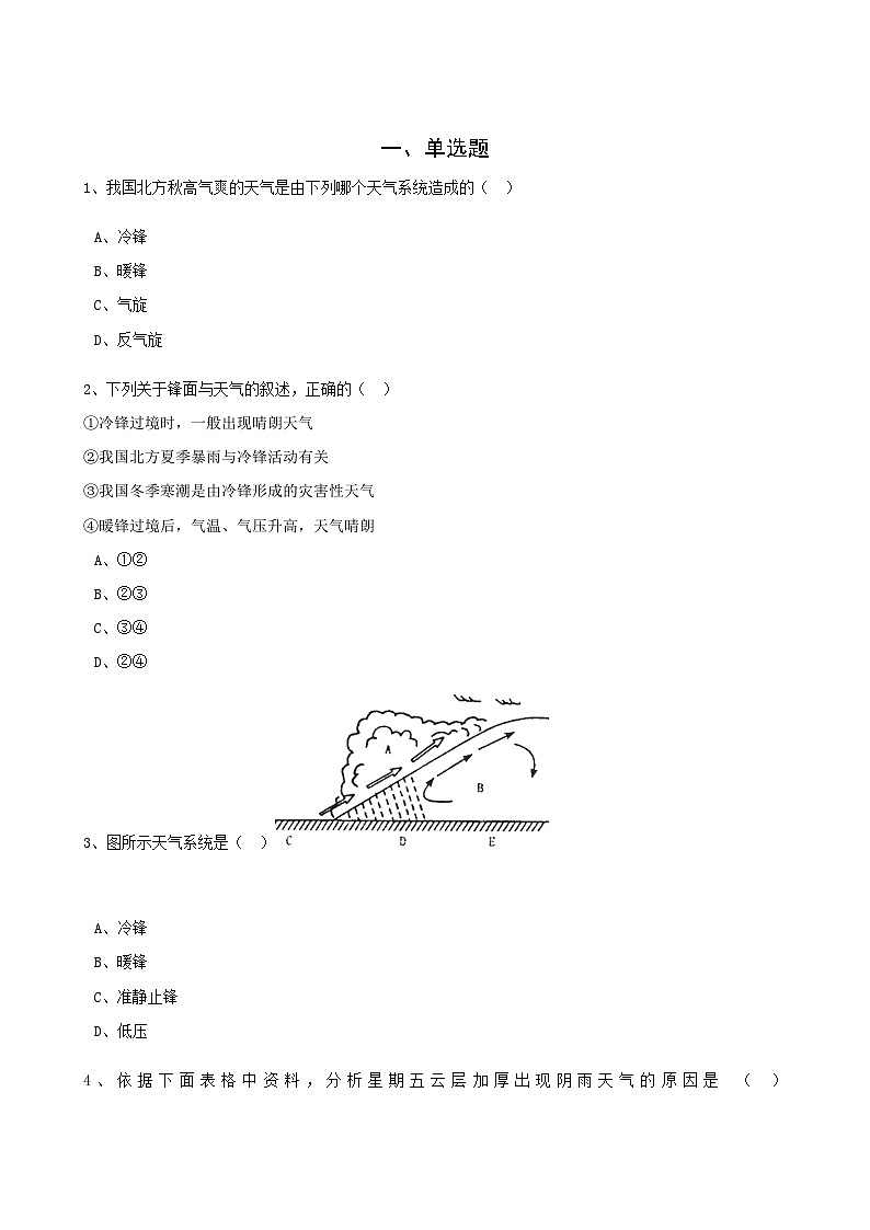 高考地理人教版一轮复习专题测试试题:08 锋面与天气系统第1页