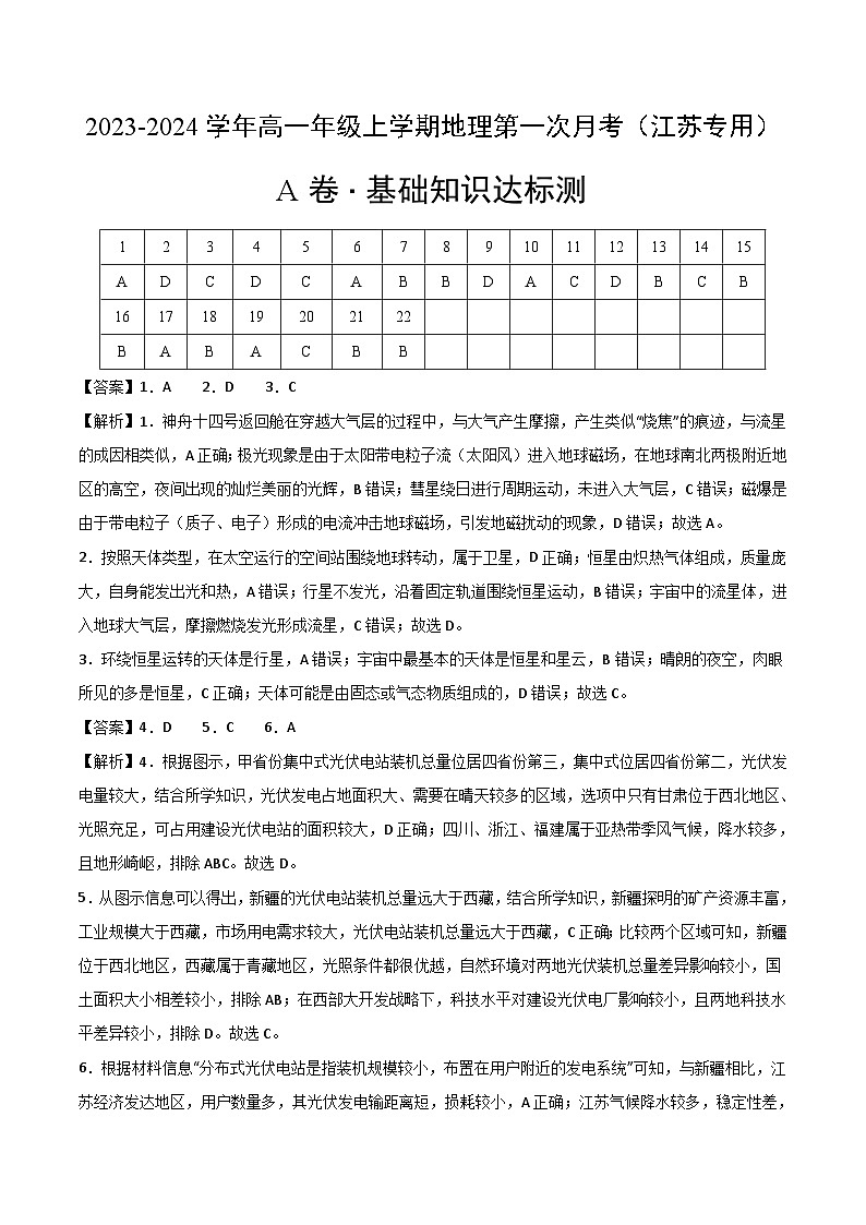 (人教版2019 江苏专用)2023-2024学年高一地理上学期 第一次月考卷01