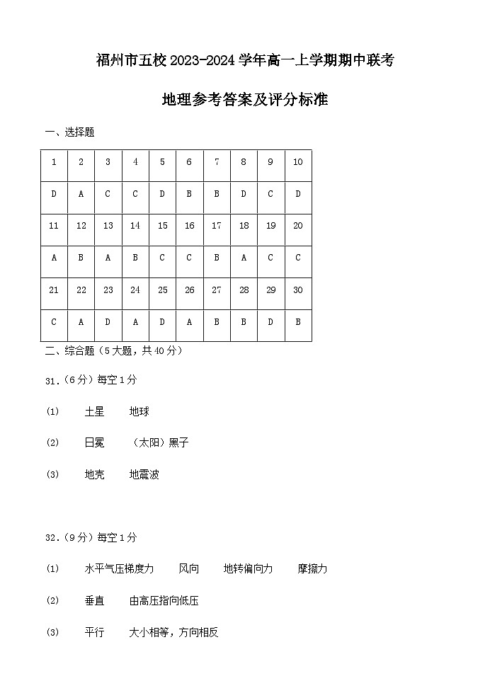 福建省福州市五校2023-2024学年高一上学期期中联考地理试题(含答案)01