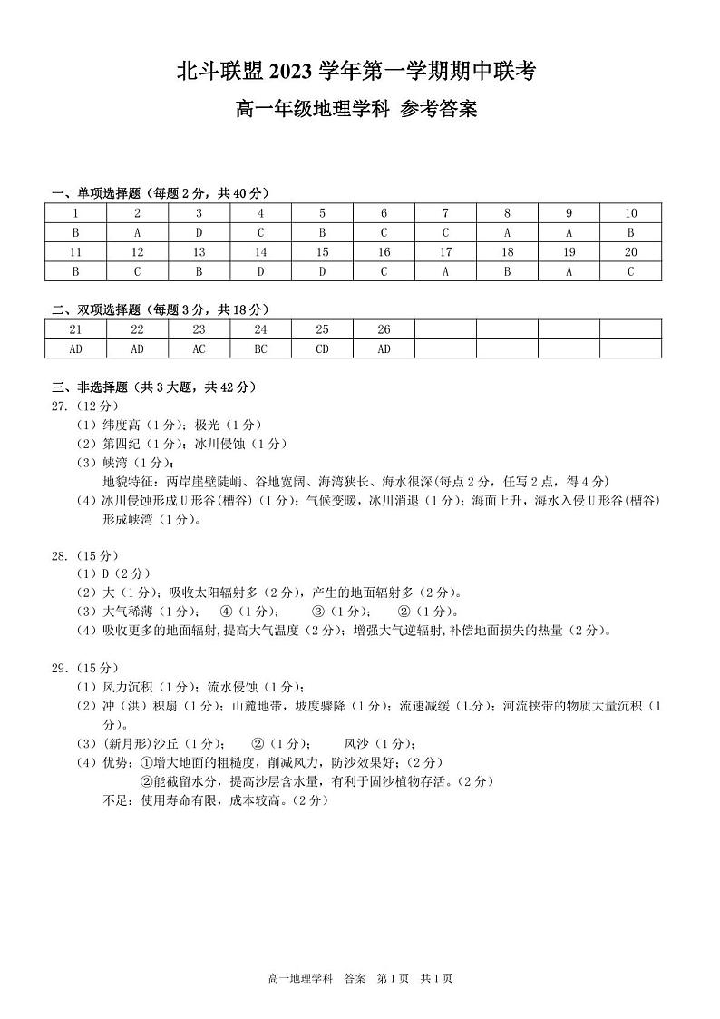 浙江省杭州北斗联盟2023-2024学年高一上学期期中联考地理试题( 含答案)01