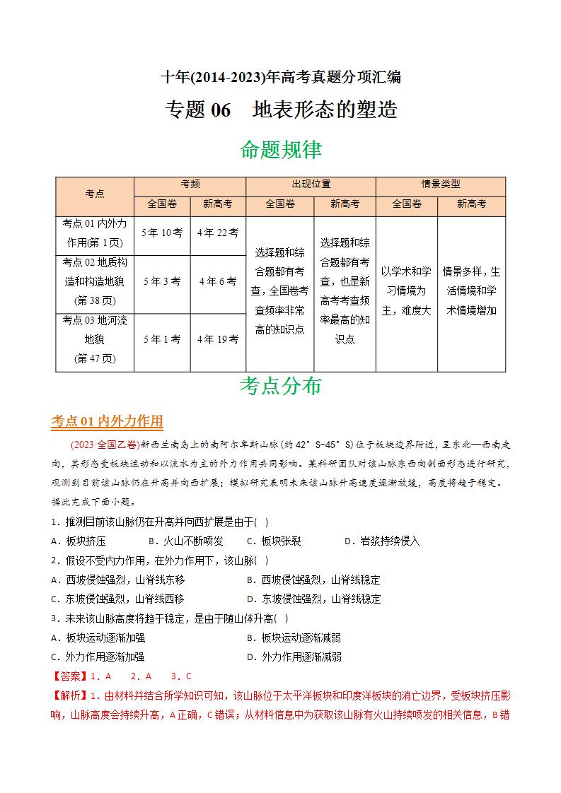 十年(14-23)高考地理真题分项汇编专题06 地表形态的塑造（含解析）