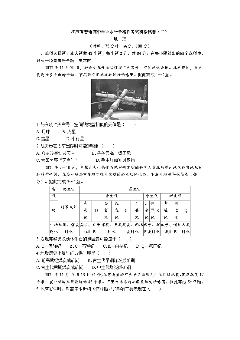 江苏省普通高中学业水平合格性考试模拟试卷(二)地理(含答案)01