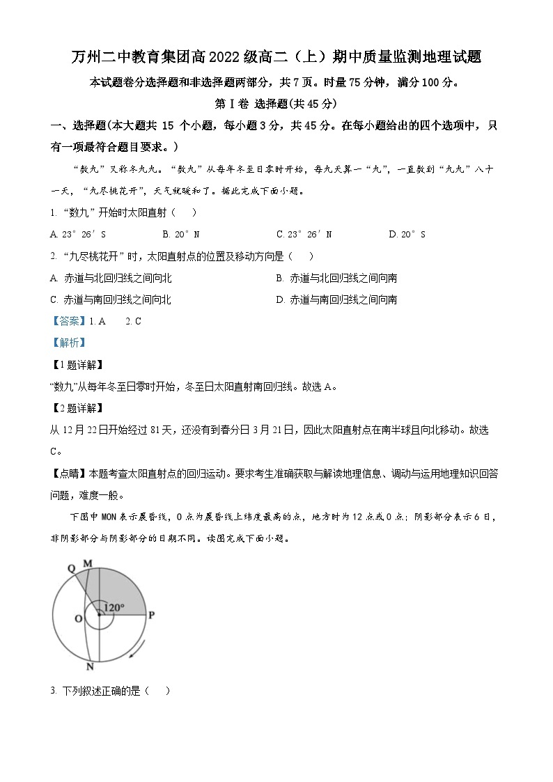 重庆市万州第二高级中学2023-2024学年高二上学期期中地理试题（Word版附解析）01