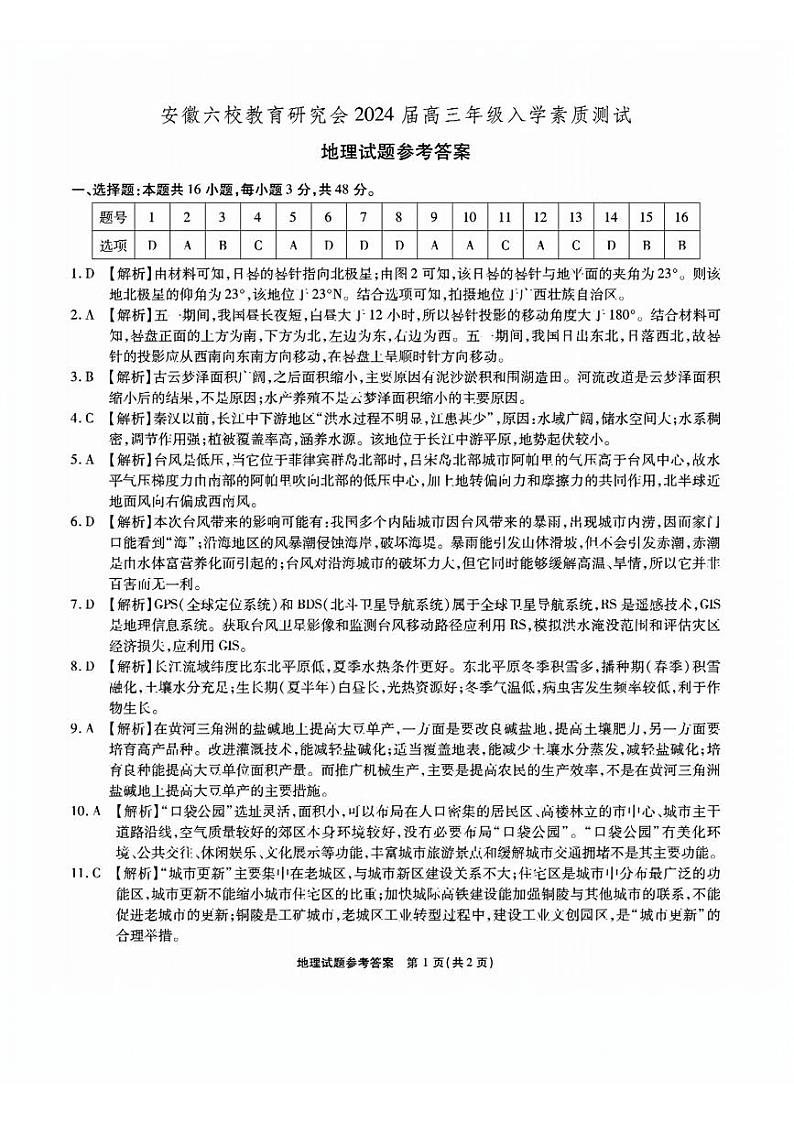 安徽省六校教育研究会2024届高三入学考试 地理参考答案和解析第1页