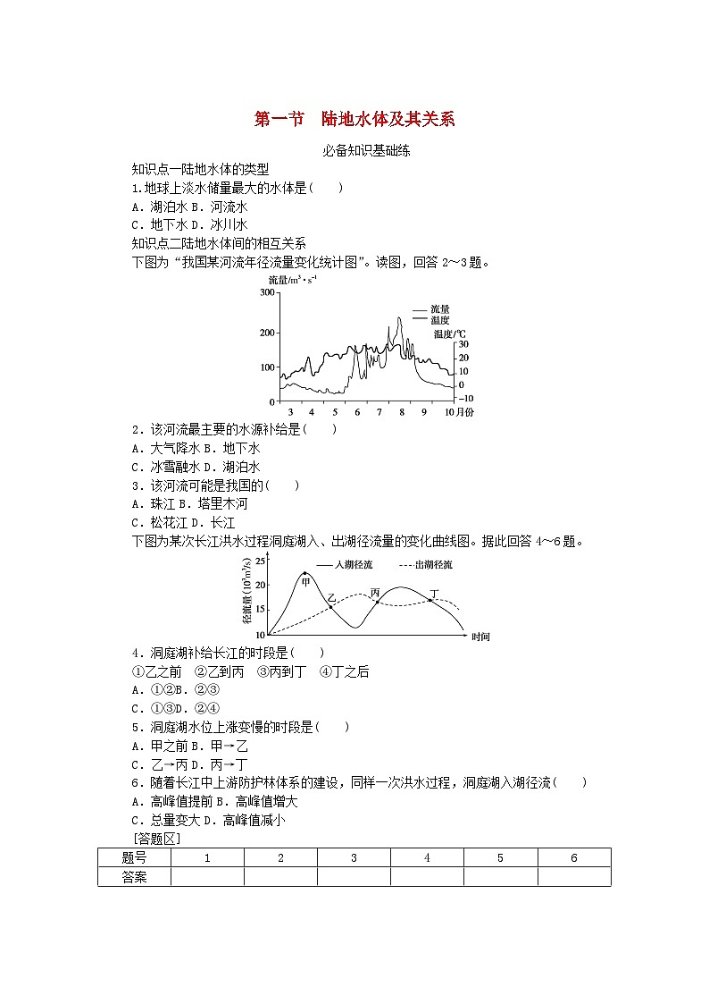 2023版新教材高中地理第四章地球上水的运动与能量交换第一节陆地水体及其关系课时作业中图版选择性必修1第1页